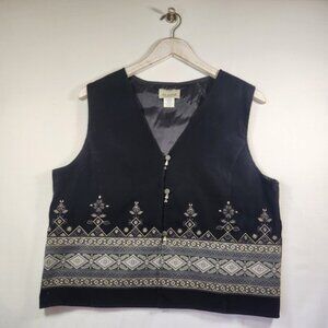 Elaine Womens Black Embroidered‎ V-Neck Button Front Lined Vest Large Boho